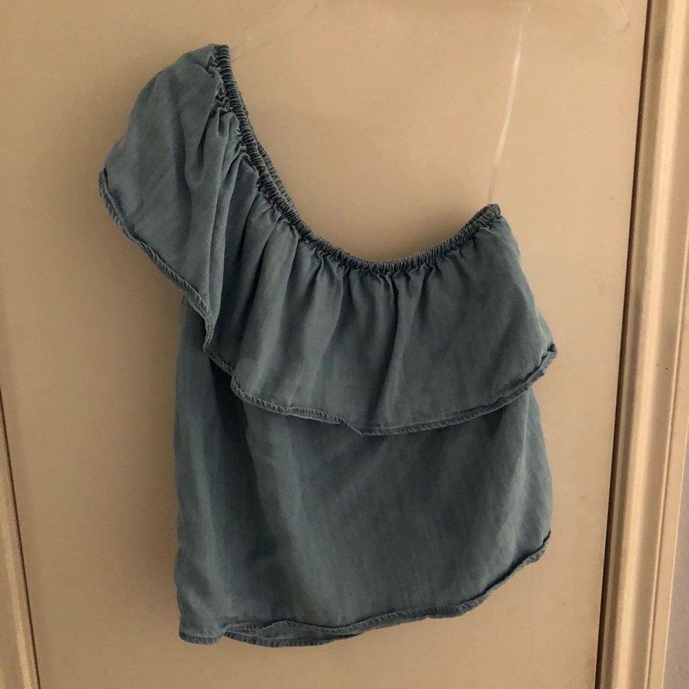 One shoulder denim ruffle shirt